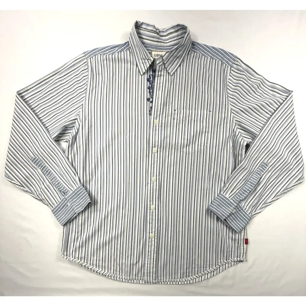 LEVI'S Multi Striped men's Floral Graphic Long Sleeve Cotton Shirt Sz L - Picture 2 of 13